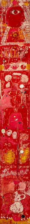 Girl Totem, encaustic on salvaged wood, 54x7x2
