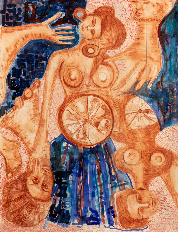 Goddess Taroh, sanguine, ink and encaustic on paper, 50x38